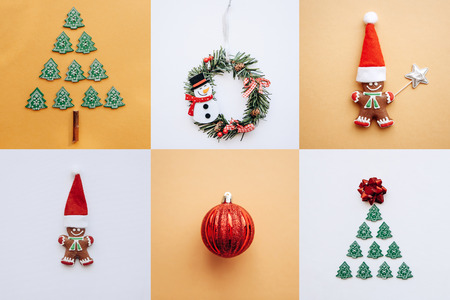 Creative idea various Christmas toys and things on multi-colored backgrounds. Celebration of...