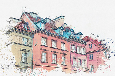 A watercolor sketch or illustration of a traditional street with apartment buildings in Warsaw, Poland.の写真素材
