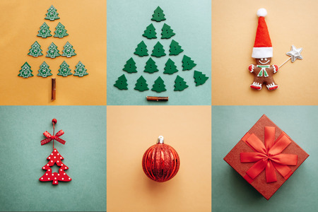 Creative idea various Christmas toys and things on colored backgrounds. Celebration of Christmas and New Year. My idea and artwork.の写真素材