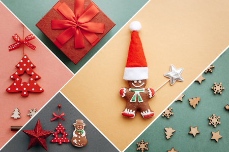 Creative idea various Christmas toys and things on multi-colored backgrounds. Celebration of Christmas and New Year. My idea and artwork.の写真素材