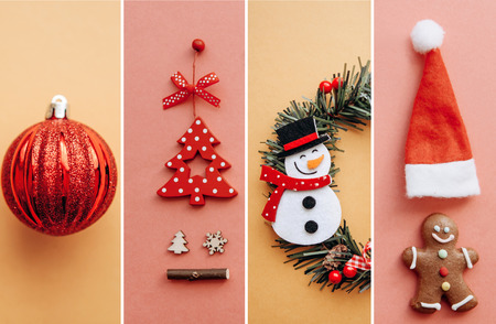 Creative idea various Christmas toys and things on multi-colored backgrounds. Celebration of...