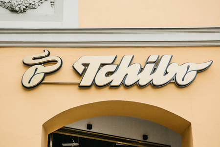 Germany, Leipzig, October 6, 2018: Sign Tchibo over the store or coffee shop. World famous coffee maker. A popular chain of coffee shops and cafes in Germany.のeditorial素材