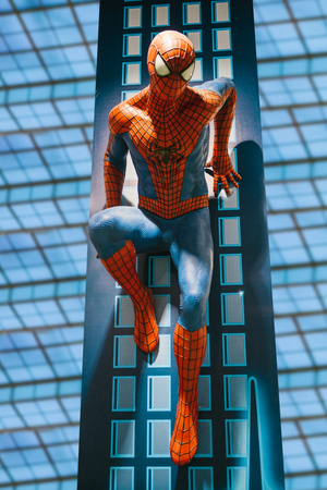 Prague September 29, 2018: Prague, September 29, 2018: A human-sized figure or wax figure of the Spiderman character in a toy store Hamleysのeditorial素材