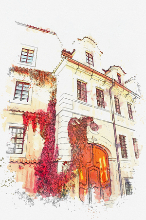 illustration or watercolor sketch. Traditional old architecture in Prague in the Czech Republic. European architecture.の写真素材