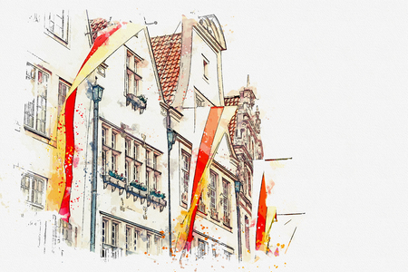 illustration or watercolor sketch. Achitecture or old houses on the street of the city elders Principalmark in Muenster in Germany. The houses were built in the 16th century. Traditional German ancient architecture.の写真素材