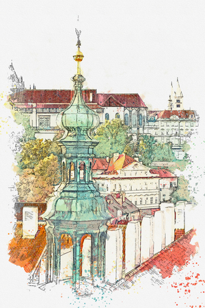 illustration or watercolor sketch. Traditional old architecture in Prague in the Czech Republic. European architecture.の写真素材