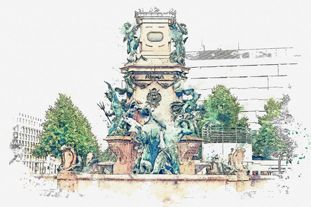 Watercolor sketch or illustration of a fountain on a square in Leipzig in Germany.の写真素材
