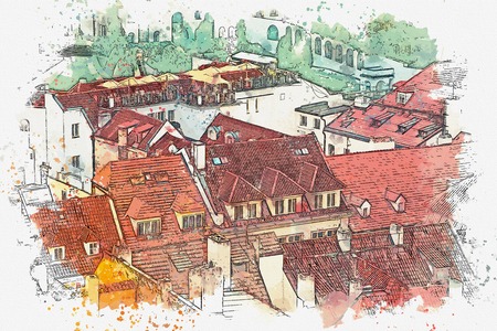 illustration or watercolor sketch. Traditional old architecture in Prague in the Czech Republic. European architecture.の写真素材