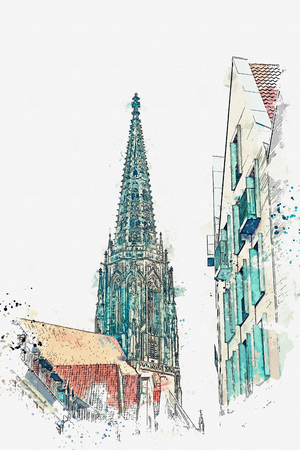 illustration or watercolor sketch. View of the Lamberti church and old houses on the street of the city elders of the Principalemark in Muenster in Germany. Traditional German ancient architecture.の写真素材