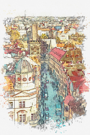 Watercolor sketch or illustration of the view on the ancient architecture of Prague. City street with road, cars and people. Daily life.の写真素材