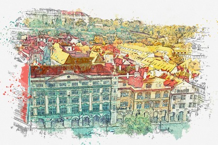 illustration or watercolor sketch. Traditional old architecture in Prague in the Czech Republic. European architecture.の写真素材
