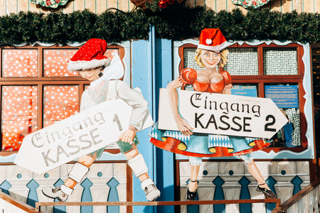 Berlin, December 25, 2017: Direction indicator to ticket office 1 or 2 for the purchase of tickets. Purchase tickets for entertainment during the Christmas holidays in Berlinのeditorial素材