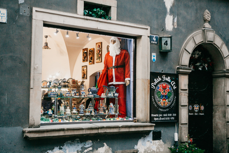 Warsaw, December 25, 2017: Beautiful decorated storefront gift shop. Celebrating Christmas and buying gifts for friends and relatives.のeditorial素材