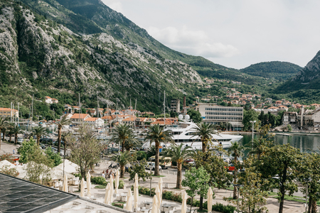 Beautiful view of the Adriatic Sea, mountains, buildings and ships in the Bay of Kotor in Montenegro.の写真素材