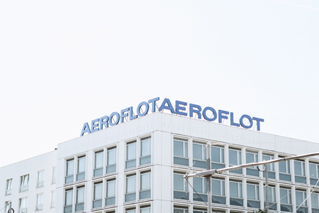 Germany, Berlin, September 29, 2018: Aeroflot signboard or banner on the building of the companys office in Berlin. Representation of the Russian airline in Germany.のeditorial素材