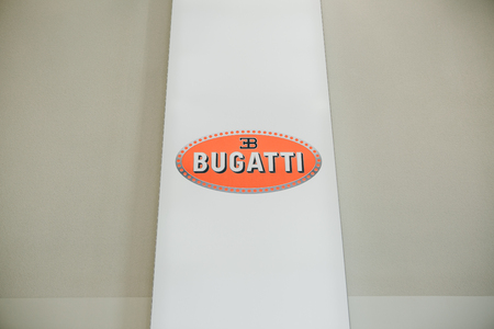 Berlin, August 29, 2018: The sign or banner of Bugatti on the wall at the exhibition Drive - Volkswagen groups forum in Berlin.のeditorial素材