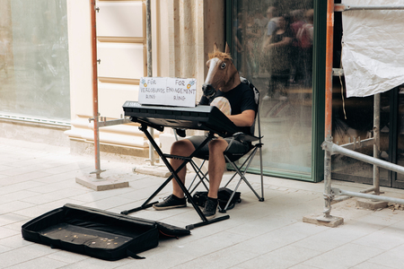 Germany, Leipzig, September 6, 2018: A creative musician with a horses head plays on a synthesizer on Leipzig street to collect money for an engagement ring.のeditorial素材