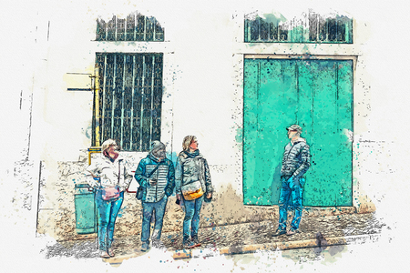 A watercolor sketch or an illustration. People at the bus stop waiting for transport. Ordinary city life.の写真素材
