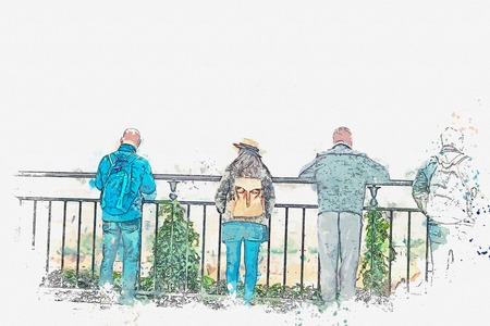 A watercolor sketch or an illustration. People on the observation deck admire the beautiful view in Prague. Prague is one of the favorite cities for tourists.の写真素材