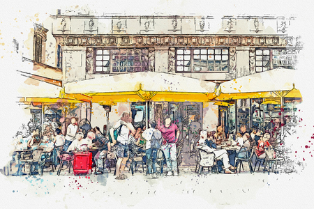 A watercolor sketch or an illustration. Street Cafe in Leipzig in Germany. People eat drink and communicate with each otherの写真素材