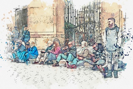 A watercolor sketch or an illustration. Different people, tourists and locals rest on the city street in Prague.の写真素材