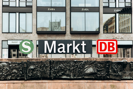 Germany, Leipzig, October 6, 2018: Entrance to the underpass to the metro station. A sign with the name of the station. City underground subway.のeditorial素材