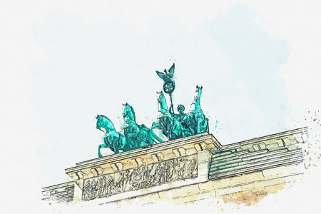A watercolor sketch or illustration of the Brandenburg gate in Berlin, Germany. Architectural monument in historic center of Berlin.の写真素材
