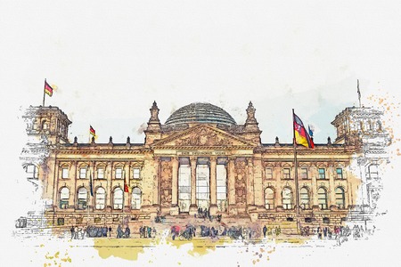 Watercolor sketch or illustration of a beautiful view of the Reichstag building. One of the attractions of Berlin in Germany and a favorite place to visit tourists.の写真素材