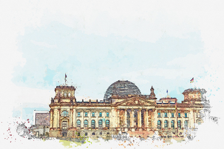 Watercolor sketch or illustration of a beautiful view of the Reichstag building. One of the attractions of Berlin in Germany and a favorite place to visit tourists.の写真素材