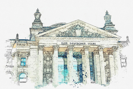 Watercolor sketch or illustration of a beautiful view of the Reichstag building. One of the attractions of Berlin in Germany and a favorite place to visit tourists.の写真素材