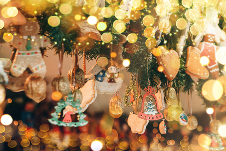 Beautiful Christmas decorations with ginger cookies and other festive toys. Christmas background.の写真素材