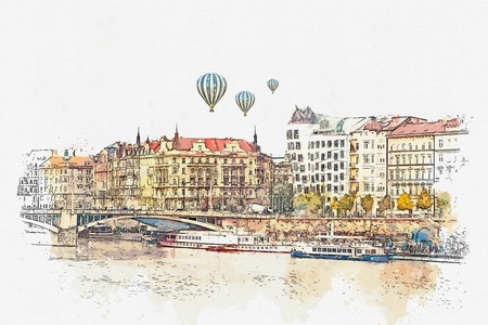 illustration or watercolor sketch. Traditional old architecture in Prague in the Czech Republic. European architecture. Hot air balloons are flying in the sky.の写真素材