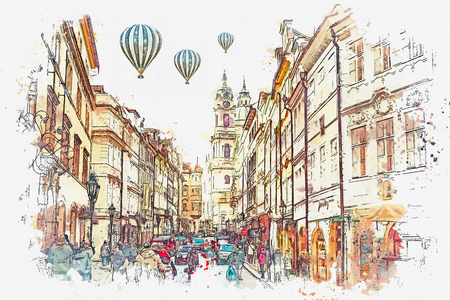 illustration of a busy street in Prague in the Czech Republic. Hot air balloons are flying in the sky.の写真素材