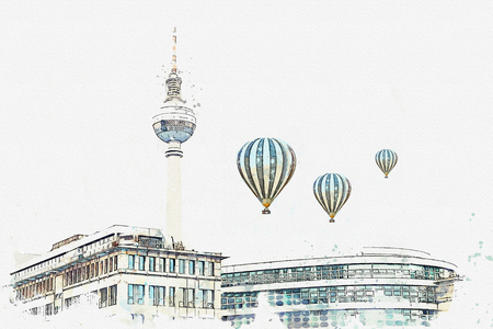 A watercolor sketch or illustration. Berlin architecture. The television tower on the square named Alexanderplatz. Hot air balloons are flying in the sky.の写真素材