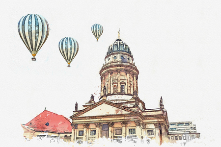 A watercolor sketch or an illustration. French Cathedral or Franzoesischer Dom in Berlin, Germany. Hot air balloons are flying in the sky.の写真素材