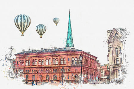 A watercolor sketch or an illustration of a beautiful view of the architecture of Riga in Latvia in the center of the city. Hot air balloons are flying in the sky.の写真素材