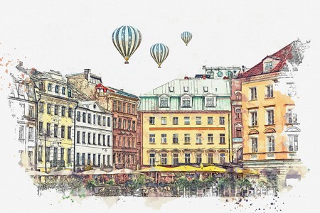 A watercolor sketch or an illustration of a beautiful view of the architecture of Riga in Latvia in the center of the city. Hot air balloons are flying in the sky.の写真素材