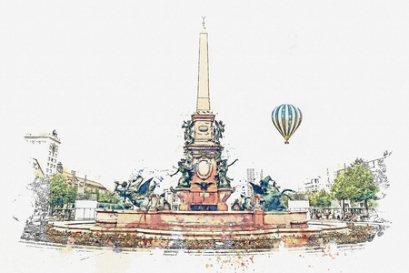 Watercolor sketch or illustration of a fountain on a square in Leipzig in Germany. Hot air balloon flies in the sky.の写真素材
