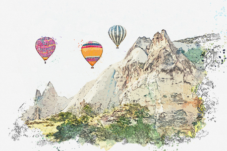 A watercolor sketch or illustration. Hot air balloons in the sky in Cappadocia in Turkey. The famous tourist attraction of Cappadocia is an air flight.の写真素材