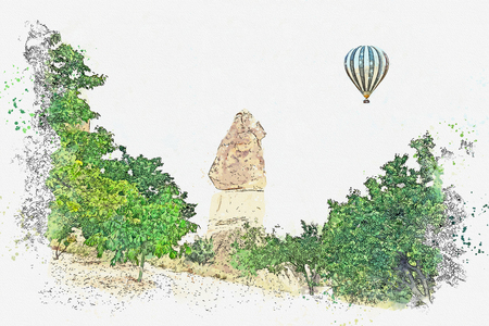 A watercolor sketch or illustration. Hot air balloon in the sky in Cappadocia in Turkey. The famous tourist attraction of Cappadocia is an air flight.の写真素材