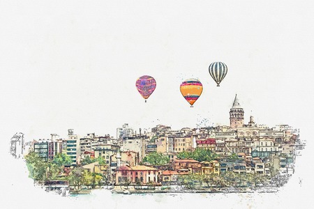 A watercolor sketch or illustration of a beautiful view of the traditional architecture in Istanbul, Turkey. Hot air balloons are flying in the sky.の写真素材