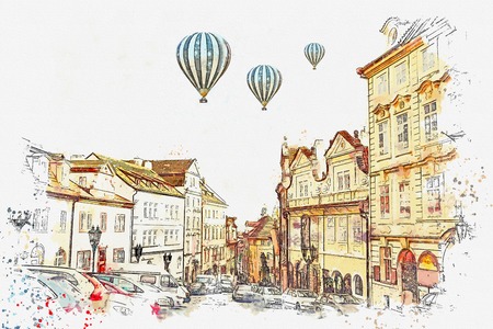 illustration or watercolor sketch. Traditional old architecture in Prague in the Czech Republic. European architecture. Hot air balloons are flying in the sky.の写真素材