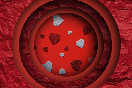 Festive background with many hearts for Valentines Day or another holiday or love event. Paper cutの写真素材