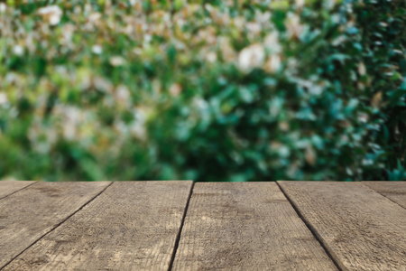 Wooden board or table or surface or floor on a background of green leaves - can be used to montage or showcase your products.の写真素材