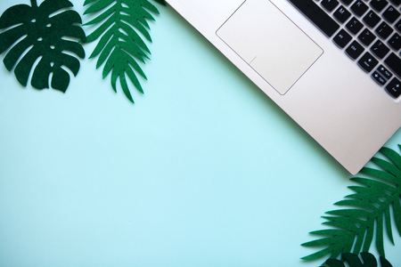 Workspace in a blue trendy color or summer design with a concept to start a vacation. Laptop and next to tropical leaves. Nearby there is a place for text.の写真素材