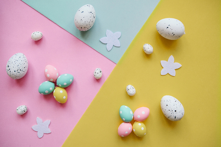 A lot of colorful Easter eggs on the colorful background. Festive Easter background.の写真素材