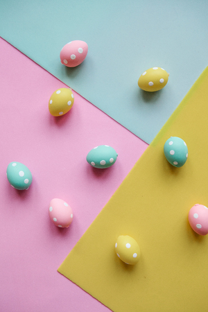 A lot of colorful Easter eggs on the colorful background. Festive Easter background.の写真素材