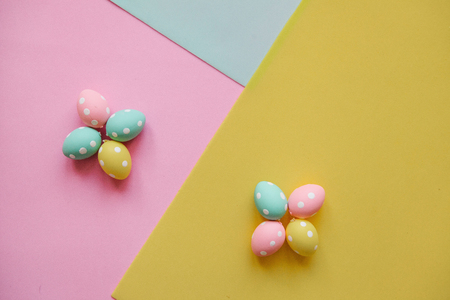 A lot of colorful Easter eggs on the colorful background. Festive Easter background.の写真素材