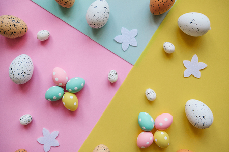 A lot of colorful Easter eggs on the colorful background. Festive Easter background.の写真素材