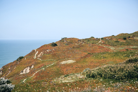 Beautiful view of the Atlantic Ocean from the western point on Cape Roca in Portugal.の写真素材